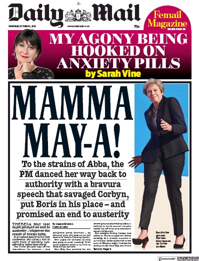 Daily Mail (UK) Newspaper Front Page for 5 October 2018