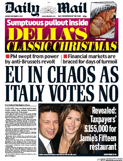 Daily Mail Newspaper Front Page for 5 December 2016