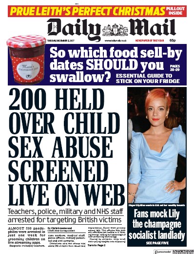 Daily Mail Newspaper Front Page for 5 December 2017