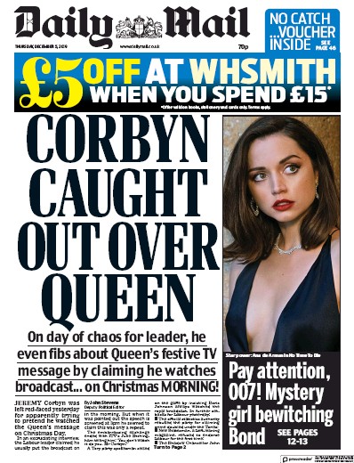 Daily Mail Newspaper Front Page for 5 December 2019