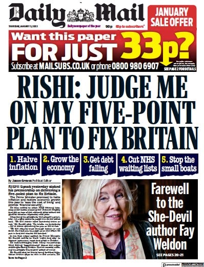 Daily Mail (UK) Newspaper Front Page for 5 January 2023