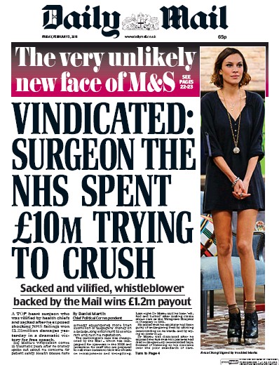 Daily Mail Newspaper Front Page for 5 February 2016