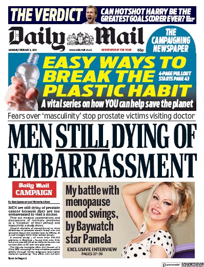 Daily Mail Newspaper Front Page for 5 February 2018