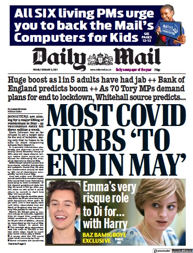 Daily Mail Newspaper Front Page for 5 February 2021