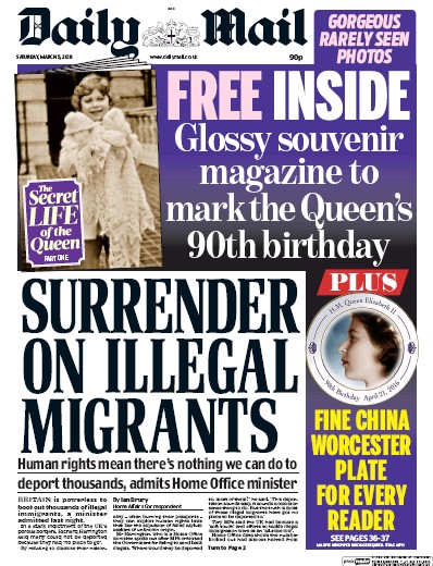 Daily Mail Newspaper Front Page for 5 March 2016
