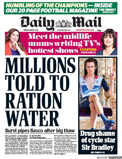 Daily Mail (UK) Newspaper Front Page for 5 March 2018