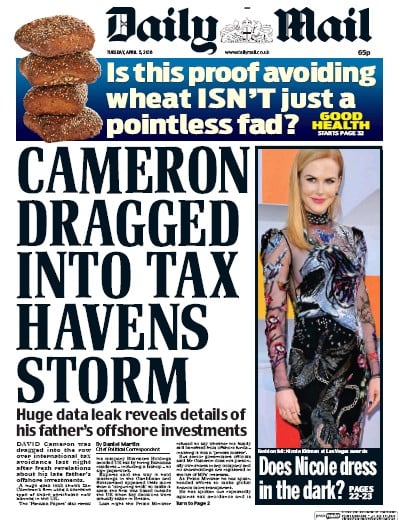 Daily Mail Newspaper Front Page for 5 April 2016
