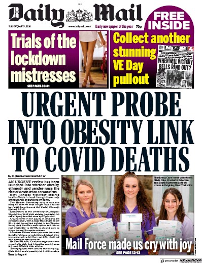 Daily Mail Newspaper Front Page for 5 May 2020