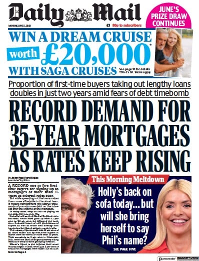 Daily Mail Newspaper Front Page for 5 June 2023