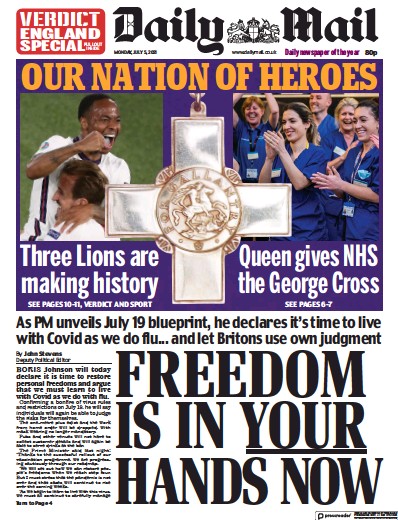 Daily Mail (UK) Newspaper Front Page for 5 July 2021