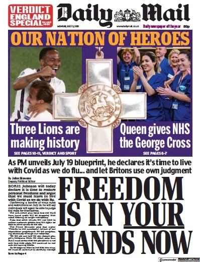 Daily Mail Newspaper Front Page for 5 July 2021