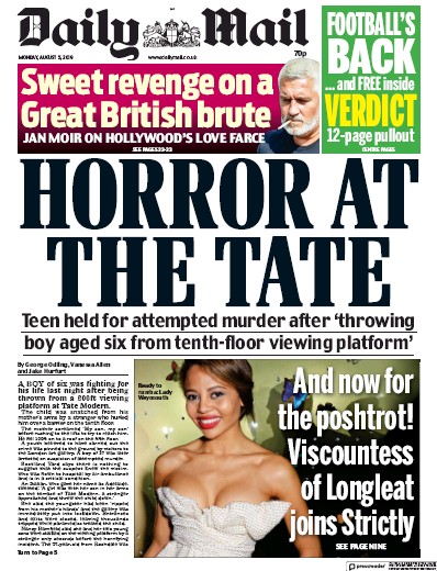 Daily Mail Newspaper Front Page for 5 August 2019