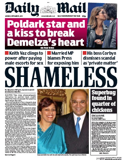 Daily Mail Newspaper Front Page for 5 September 2016