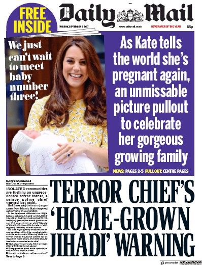 Daily Mail Newspaper Front Page for 5 September 2017