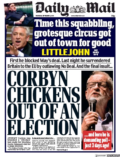 Daily Mail (UK) Newspaper Front Page for 5 September 2019