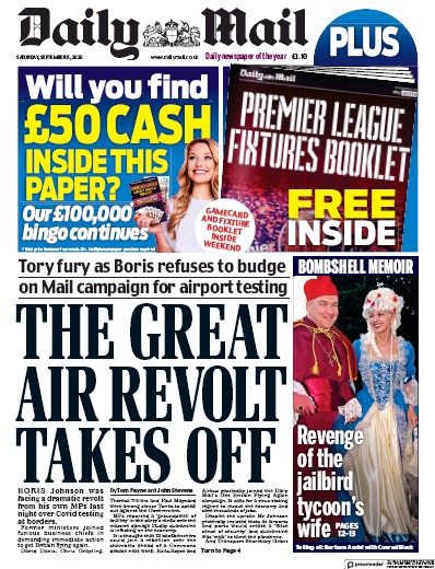 Daily Mail Newspaper Front Page for 5 September 2020