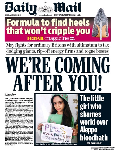 Daily Mail Newspaper Front Page for 6 October 2016