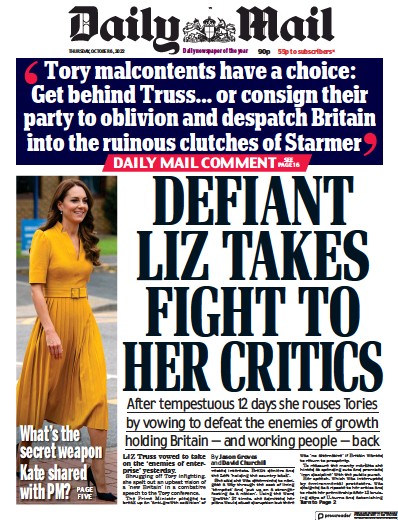 Daily Mail Newspaper Front Page for 6 October 2022