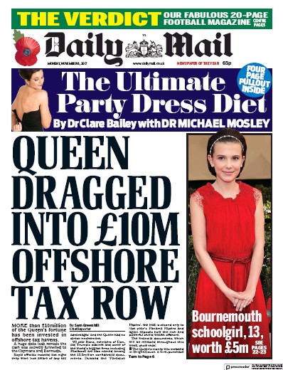 Daily Mail Newspaper Front Page for 6 November 2017