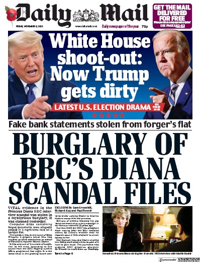Daily Mail Newspaper Front Page for 6 November 2020