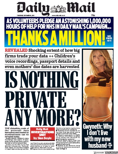 Daily Mail Newspaper Front Page for 6 December 2018