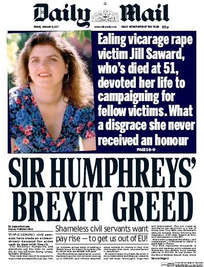 Daily Mail Newspaper Front Page for 6 January 2017