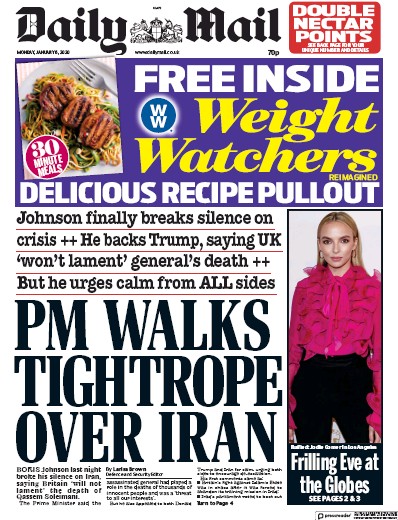 Daily Mail Newspaper Front Page for 6 January 2020