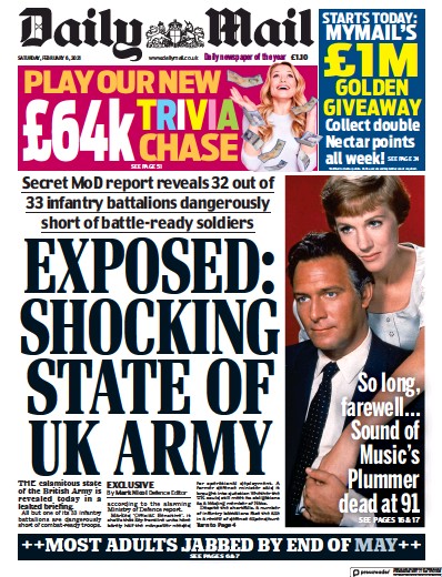 Daily Mail (UK) Newspaper Front Page for 6 February 2021