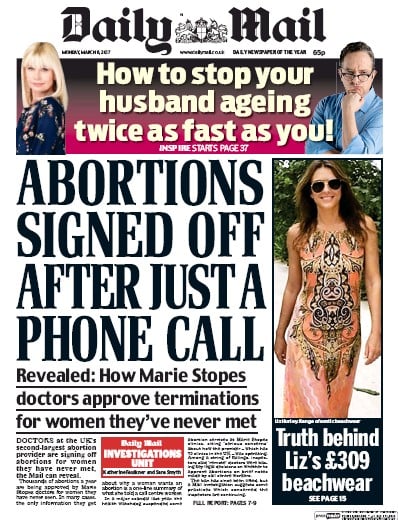 Daily Mail Newspaper Front Page for 6 March 2017