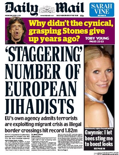 Daily Mail Newspaper Front Page for 6 April 2016