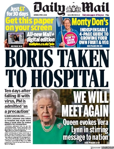 Daily Mail Newspaper Front Page for 6 April 2020