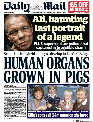 Daily Mail Newspaper Front Page for 6 June 2016