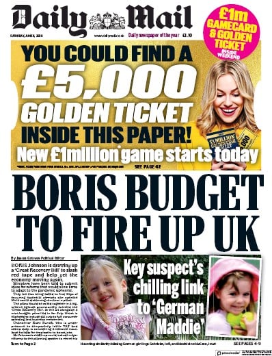 Daily Mail Newspaper Front Page for 6 June 2020