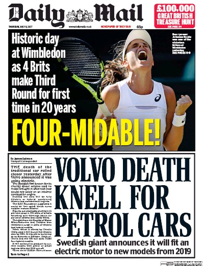 Daily Mail Newspaper Front Page for 6 July 2017