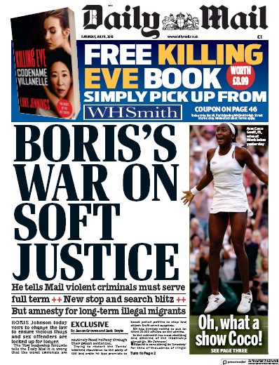Daily Mail Newspaper Front Page for 6 July 2019