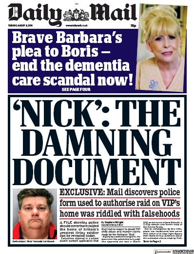 Daily Mail Newspaper Front Page for 6 August 2019