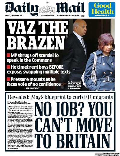 Daily Mail Newspaper Front Page for 6 September 2016