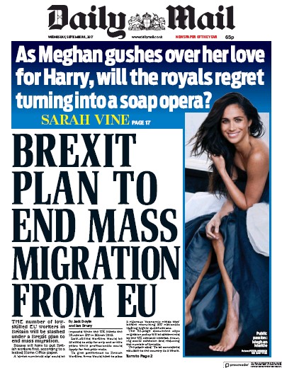 Daily Mail Newspaper Front Page for 6 September 2017