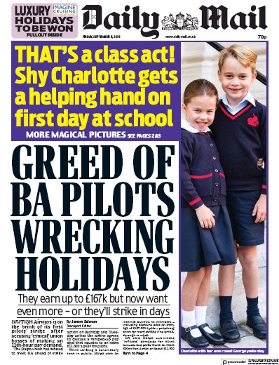 Daily Mail Newspaper Front Page for 6 September 2019