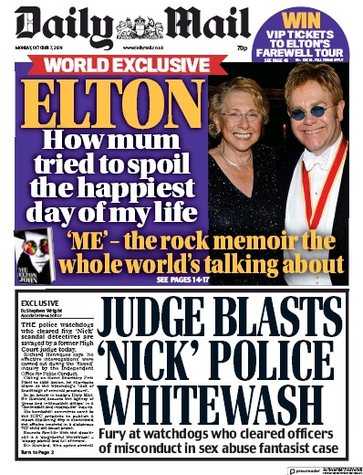 Daily Mail Newspaper Front Page for 7 October 2019