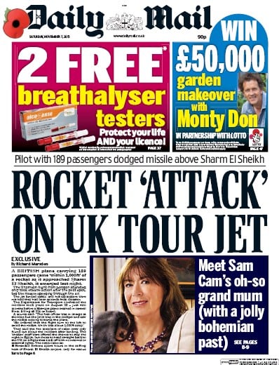 Daily Mail Newspaper Front Page for 7 November 2015