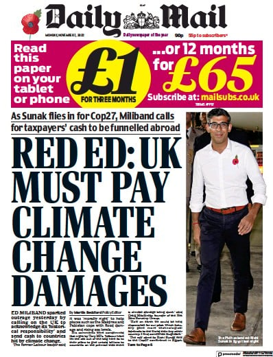 Daily Mail (UK) Newspaper Front Page for 7 November 2022