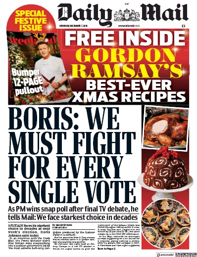 Daily Mail Newspaper Front Page for 7 December 2019