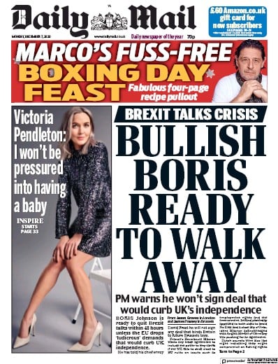 Daily Mail (UK) Newspaper Front Page for 7 December 2020