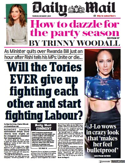 Daily Mail (UK) Newspaper Front Page for 7 December 2023