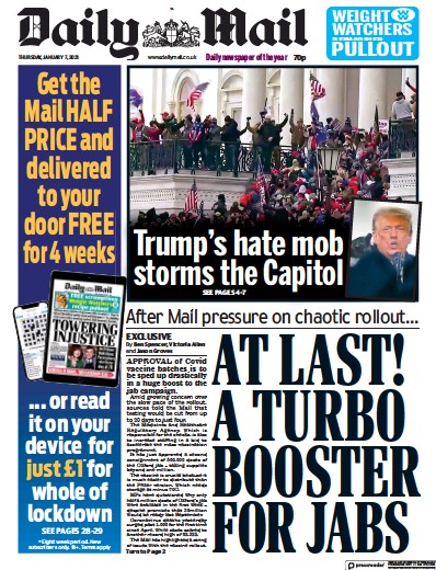Daily Mail Newspaper Front Page for 7 January 2021