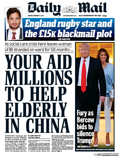 Daily Mail Newspaper Front Page for 7 February 2017