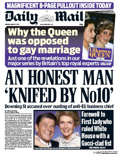 Daily Mail Newspaper Front Page for 7 March 2016