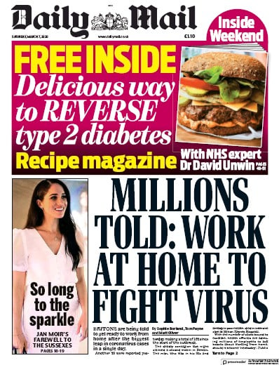 Daily Mail Newspaper Front Page for 7 March 2020