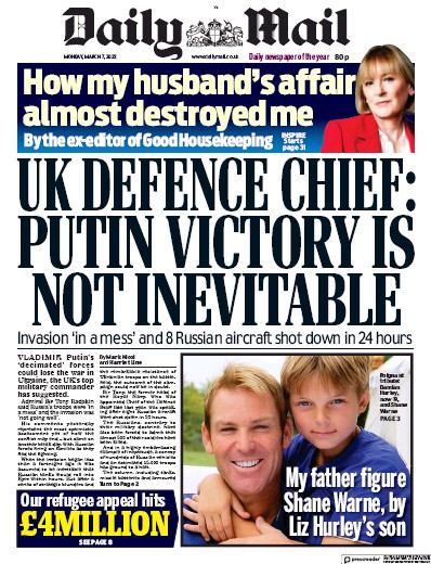 Daily Mail (UK) Newspaper Front Page for 7 March 2022